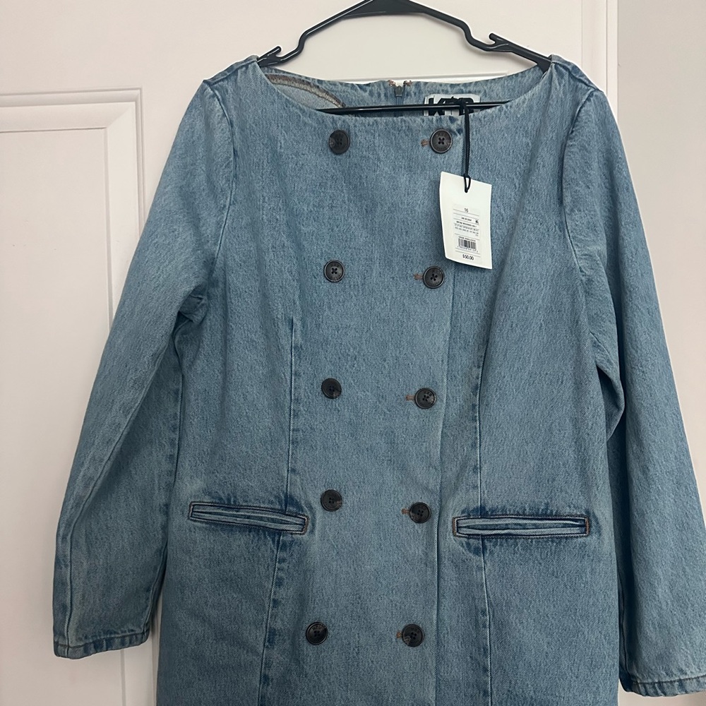 Denim Long Sleeve Double-Breasted Dress - Light Blue